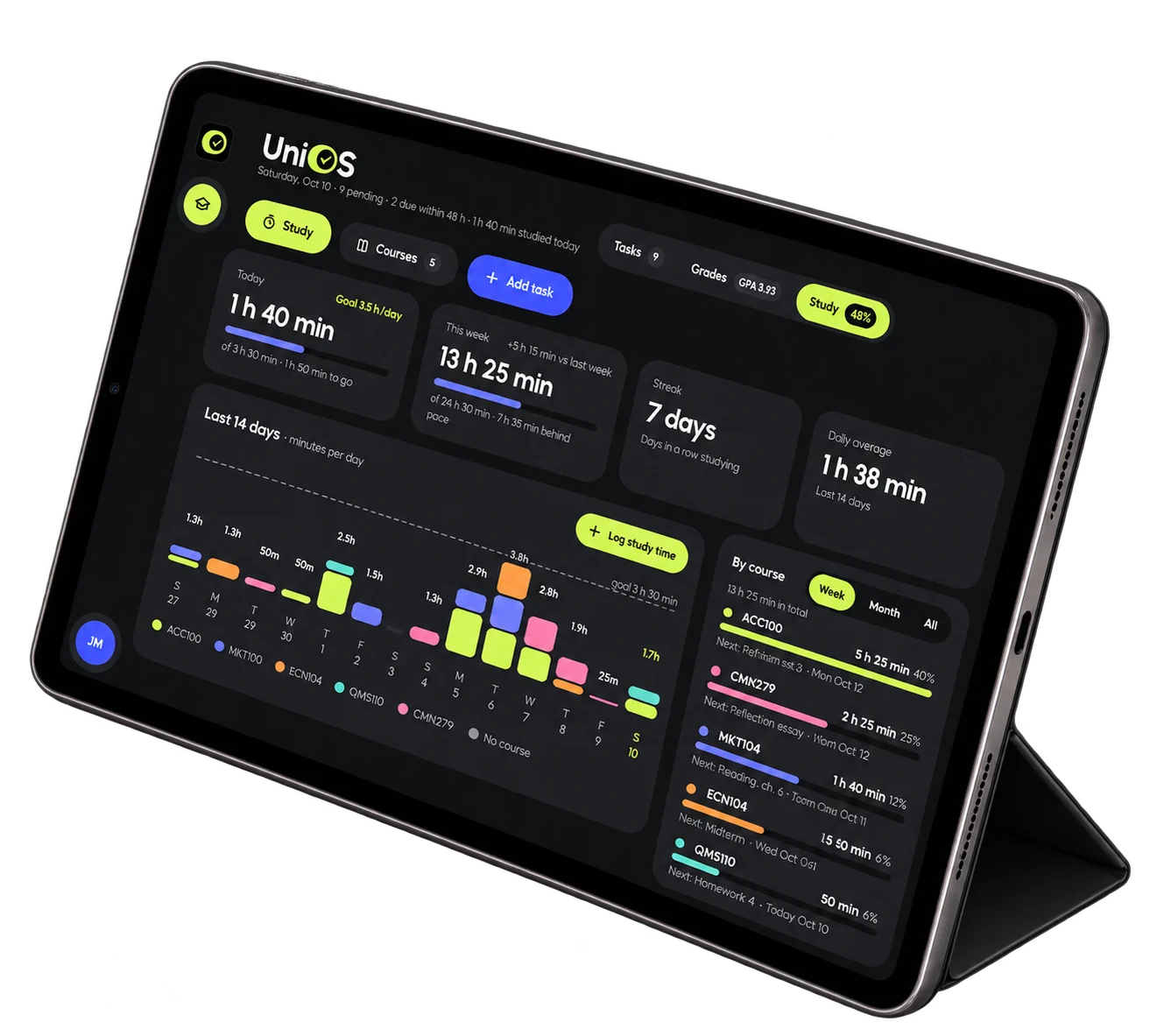 UniOS Study view on a tablet: today, this week, streak, daily average, last 14 days by course and hours by course