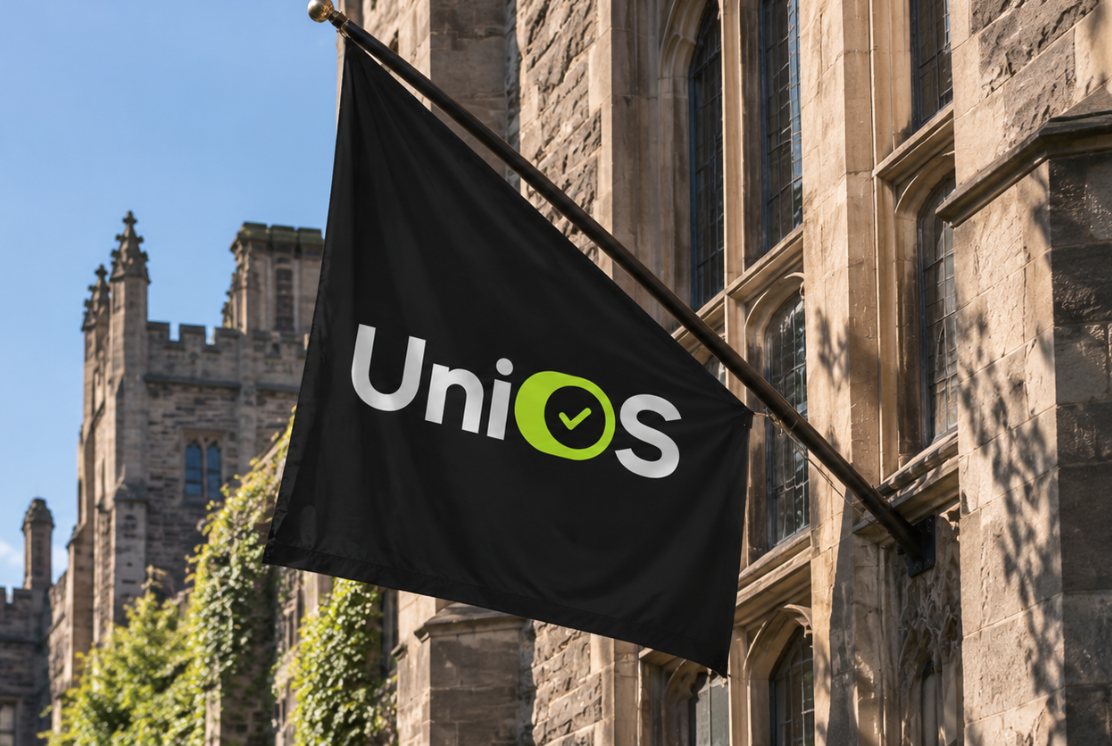 Black UniOS flag hanging from a stone university building